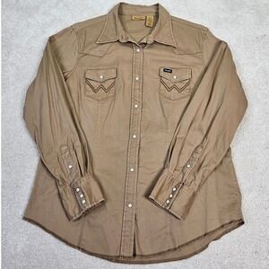 Women's Wrangler Brown Western Shirt Sz L/G Long Sleeve Snap Front Cotton Blend